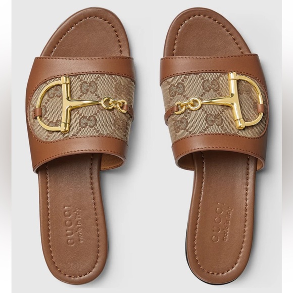 Gucci Alfa Gold Horsebit Brown GG Canvas Logo Leather Mule Flat Slip Sandal 37.5 - Picture 8 of 16